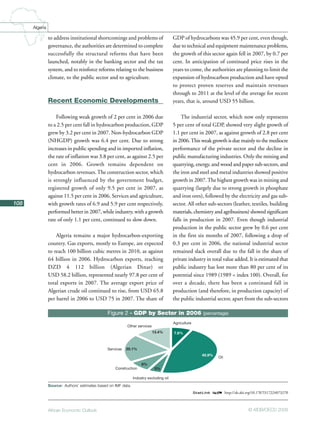 African Economic Outlook © AfDB/OECD 2008
108
Algeria
to address institutional shortcomings and problems of
governance, the authorities are determined to complete
successfully the structural reforms that have been
launched, notably in the banking sector and the tax
system, and to reinforce reforms relating to the business
climate, to the public sector and to agriculture.
Recent Economic Developments
Following weak growth of 2 per cent in 2006 due
to a 2.5 per cent fall in hydrocarbon production, GDP
grew by 3.2 per cent in 2007. Non-hydrocarbon GDP
(NHGDP) growth was 6.4 per cent. Due to strong
increases in public spending and in imported inflation,
the rate of inflation was 3.8 per cent, as against 2.5 per
cent in 2006. Growth remains dependent on
hydrocarbon revenues.The construction sector, which
is strongly influenced by the government budget,
registered growth of only 9.5 per cent in 2007, as
against 11.5 per cent in 2006. Services and agriculture,
with growth rates of 6.9 and 5.9 per cent respectively,
performed better in 2007, while industry, with a growth
rate of only 1.1 per cent, continued to slow down.
Algeria remains a major hydrocarbon-exporting
country. Gas exports, mostly to Europe, are expected
to reach 100 billion cubic metres in 2010, as against
64 billion in 2006. Hydrocarbon exports, reaching
DZD 4 112 billion (Algerian Dinar) or
USD 58.2 billion, represented nearly 97.8 per cent of
total exports in 2007. The average export price of
Algerian crude oil continued to rise, from USD 65.8
per barrel in 2006 to USD 75 in 2007. The share of
GDP of hydrocarbons was 45.9 per cent, even though,
due to technical and equipment maintenance problems,
the growth of this sector again fell in 2007, by 0.7 per
cent. In anticipation of continued price rises in the
years to come, the authorities are planning to limit the
expansion of hydrocarbon production and have opted
to protect proven reserves and maintain revenues
through to 2011 at the level of the average for recent
years, that is, around USD 55 billion.
The industrial sector, which now only represents
5 per cent of total GDP, showed very slight growth of
1.1 per cent in 2007, as against growth of 2.8 per cent
in 2006.This weak growth is due mainly to the mediocre
performance of the private sector and the decline in
public manufacturing industries. Only the mining and
quarrying, energy, and wood and paper sub-sectors, and
the iron and steel and metal industries showed positive
growth in 2007.The highest growth was in mining and
quarrying (largely due to strong growth in phosphate
and iron ores), followed by the electricity and gas sub-
sector. All other sub-sectors (leather, textiles, building
materials, chemistry and agribusiness) showed significant
falls in production in 2007. Even though industrial
production in the public sector grew by 0.6 per cent
in the first six months of 2007, following a drop of
0.3 per cent in 2006, the national industrial sector
remained slack overall due to the fall in the share of
private industry in total value added. It is estimated that
public industry has lost more than 80 per cent of its
potential since 1989 (1989 = index 100). Overall, for
over a decade, there has been a continued fall in
production (and therefore, in production capacity) of
the public industrial sector, apart from the sub-sectors
Other services
Services
Construction
Industry excluding oil
Oil
Agriculture
7.6%
45.9%
5%
8%
20.1%
13.4%
Figure 2 - GDP by Sector in 2006 (percentage)
Source: Authors’ estimates based on IMF data.
1 2 http://dx.doi.org/10.1787/317224073270
 