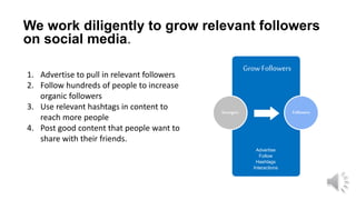 Advertise
Follow
Hashtags
Interactions
GrowFollowers
Strangers Followers
We work diligently to grow relevant followers
on social media.
1. Advertise to pull in relevant followers
2. Follow hundreds of people to increase
organic followers
3. Use relevant hashtags in content to
reach more people
4. Post good content that people want to
share with their friends.
 