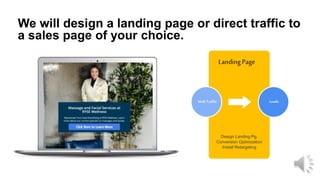 LandingPage
Web Traffic
We will design a landing page or direct traffic to
a sales page of your choice.
Leads
Design Landing Pg.
Conversion Optimization
Install Retargeting
 