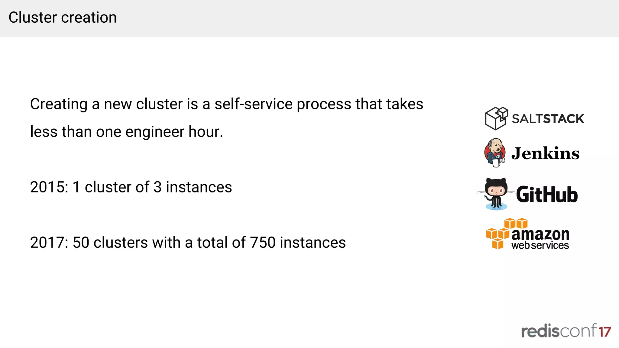 Creating a new cluster is a self-service process that takes
less than one engineer hour.
2015: 1 cluster of 3 instances
2017: 50 clusters with a total of 750 instances
Cluster creation
 
