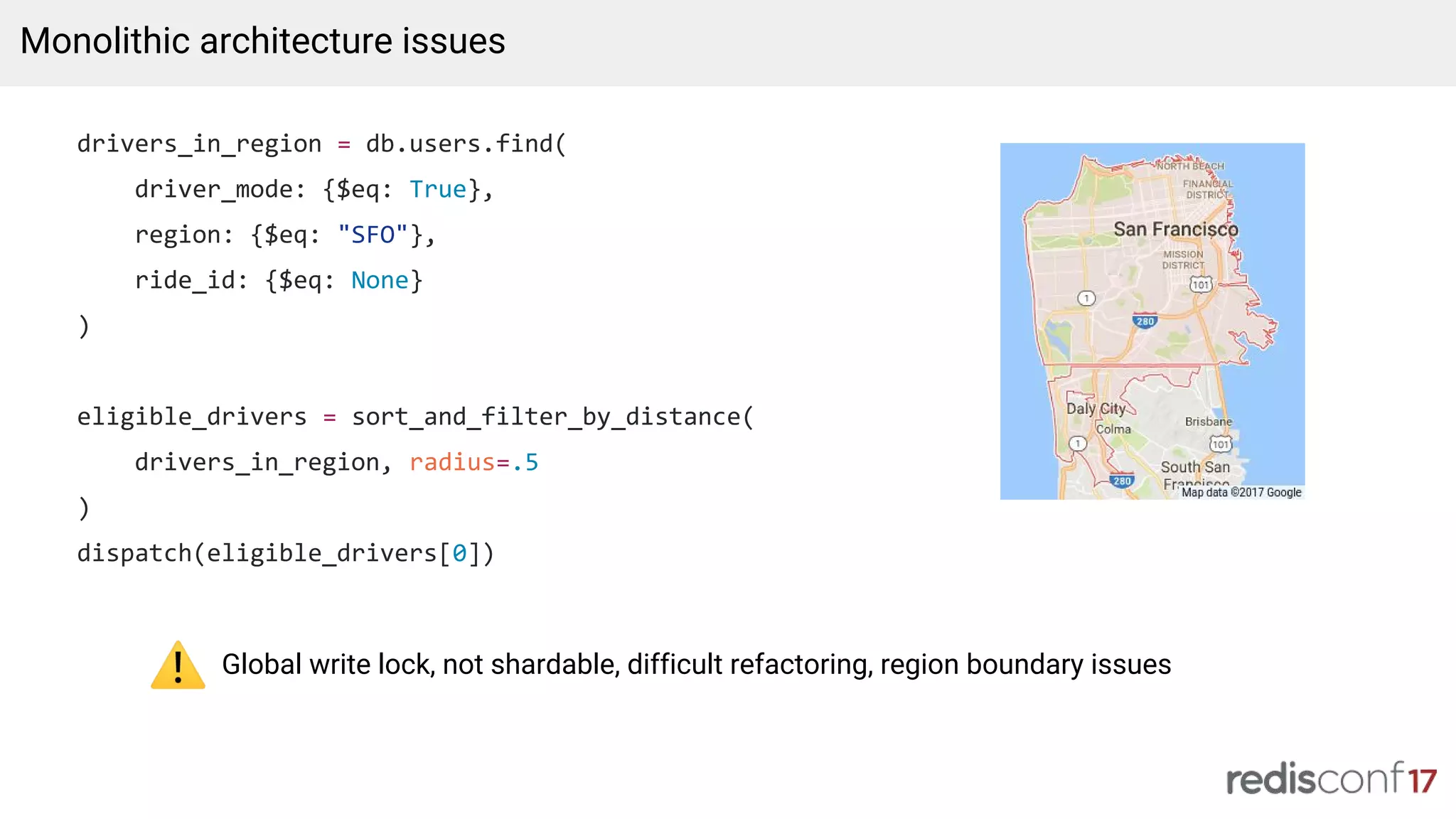 Monolithic architecture issues
Global write lock, not shardable, difficult refactoring, region boundary issues
drivers_in_region = db.users.find(
driver_mode: {$eq: True},
region: {$eq: "SFO"},
ride_id: {$eq: None}
)
eligible_drivers = sort_and_filter_by_distance(
drivers_in_region, radius=.5
)
dispatch(eligible_drivers[0])
 
