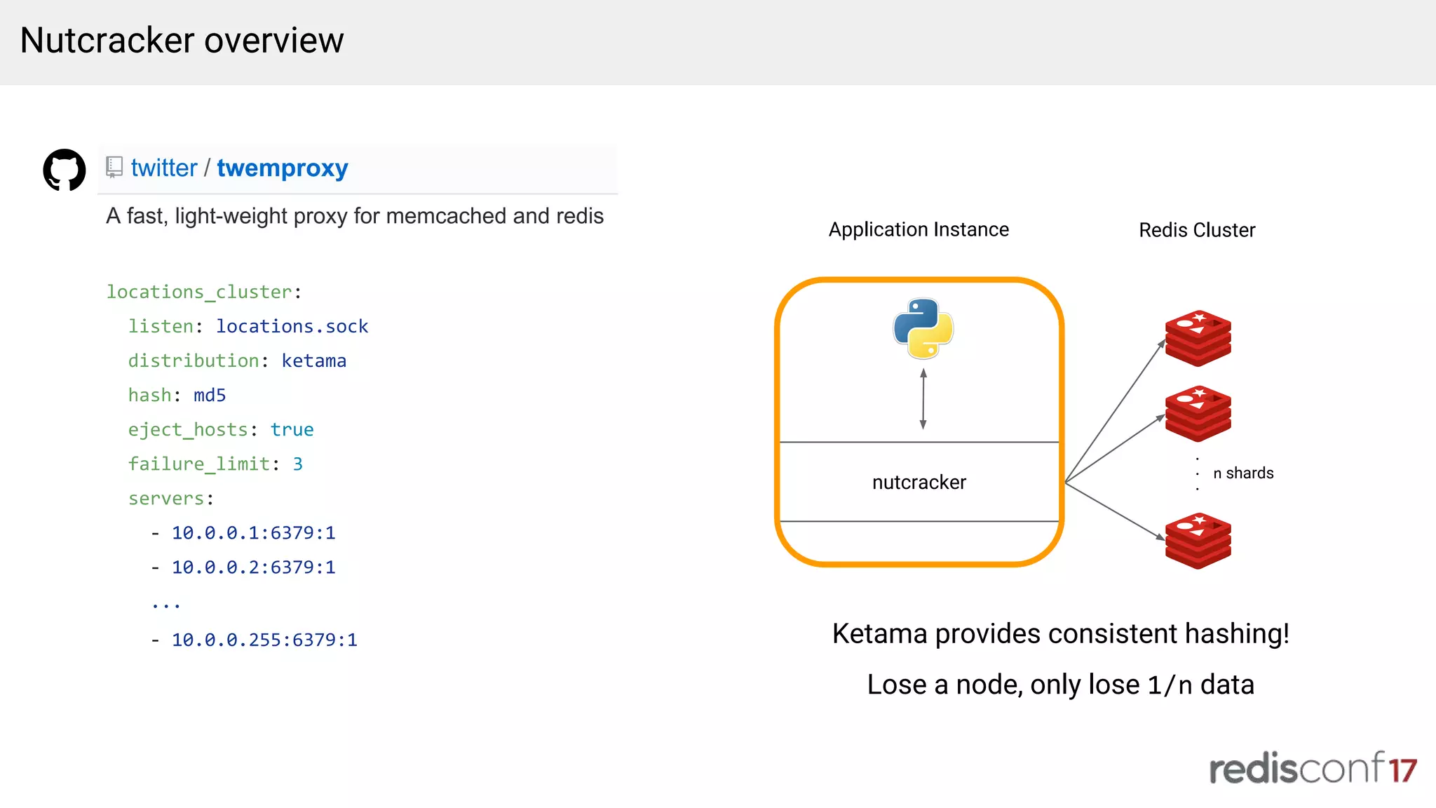 nutcracker
locations_cluster:
listen: locations.sock
distribution: ketama
hash: md5
eject_hosts: true
failure_limit: 3
servers:
- 10.0.0.1:6379:1
- 10.0.0.2:6379:1
...
- 10.0.0.255:6379:1
Redis Cluster
.
.
.
n shards
Application Instance
Nutcracker overview
Ketama provides consistent hashing!
Lose a node, only lose 1/n data
 