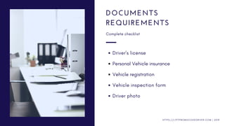 Driver's license
Personal Vehicle insurance
Vehicle registration
Vehicle inspection form
Driver photo
DOCUMENTS
REQUIREMENTS
Complete checklist
H T T P S : / / L Y F T P R O M O C O D E D R I V E R . C O M | 2 0 1 9
 