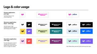 Logo&colorusage
Primary application:
pink logo
Note: Please obtain permission before altering partner logos.
Monotone application:
black / white logo
Secondary application:
color logo
Use black logos on light
backgrounds and white logos on
dark backgrounds or images.
Use the pink logo on only
white backgrounds.
For more information on how to
use logos with the secondary
palette, please refer to the color
section on page 13 for details.
 