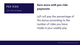 Earn more with per-ride
payments 
Lyft will pay the percentage of
the bonus according to the
number of rides you have
made...