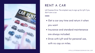 Get a car any time and return it when
you want
Insurance and standard maintenance
are always included.
Drive with Lyft and...