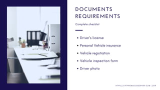 Driver's license
Personal Vehicle insurance
Vehicle registration
Vehicle inspection form
Driver photo
DOCUMENTS
REQUIREMEN...