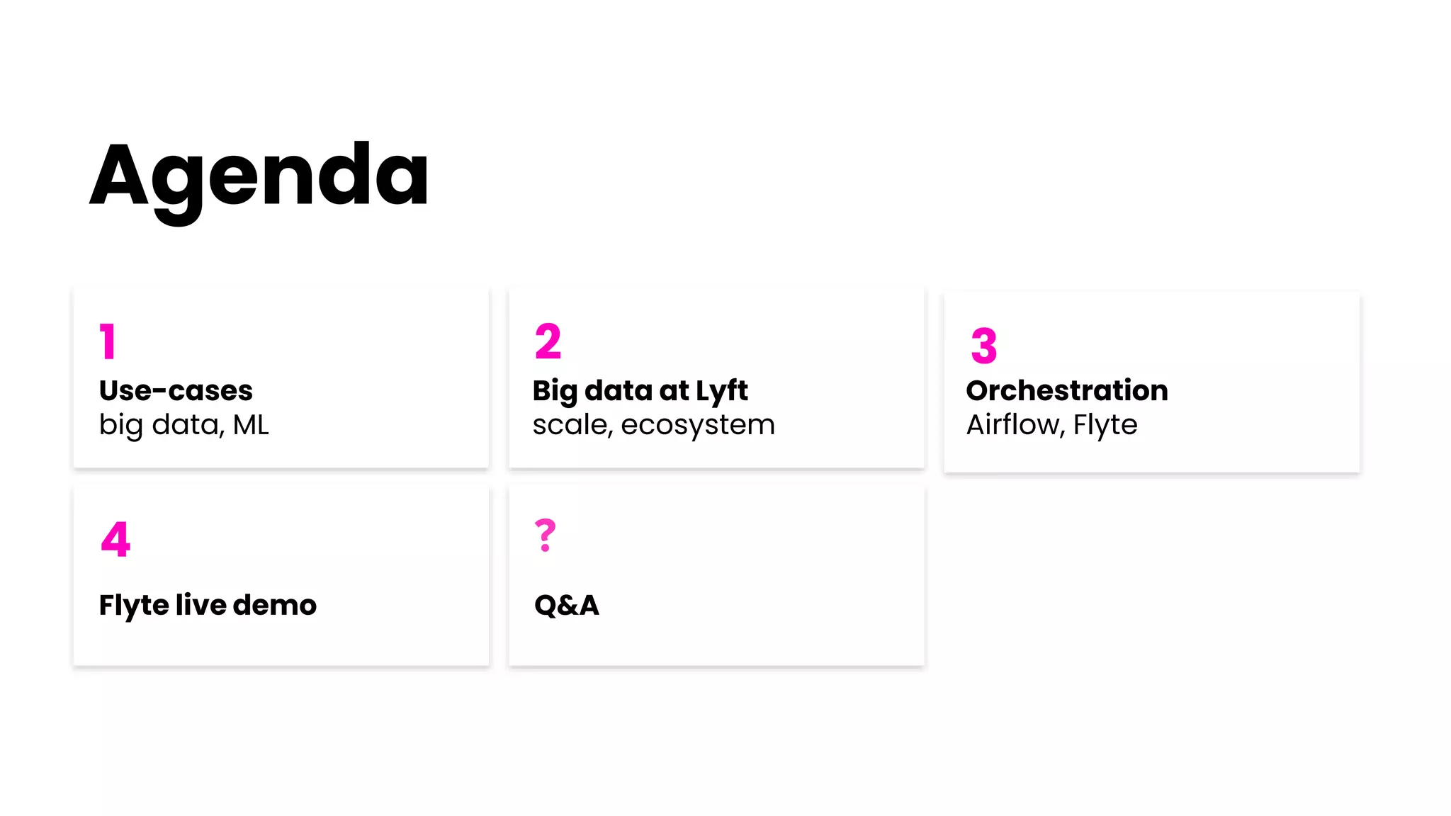4
3
2
Agenda
Orchestration
Airflow, Flyte
Use-cases
big data, ML
Big data at Lyft
scale, ecosystem
?
Flyte live demo Q&A
1
 
