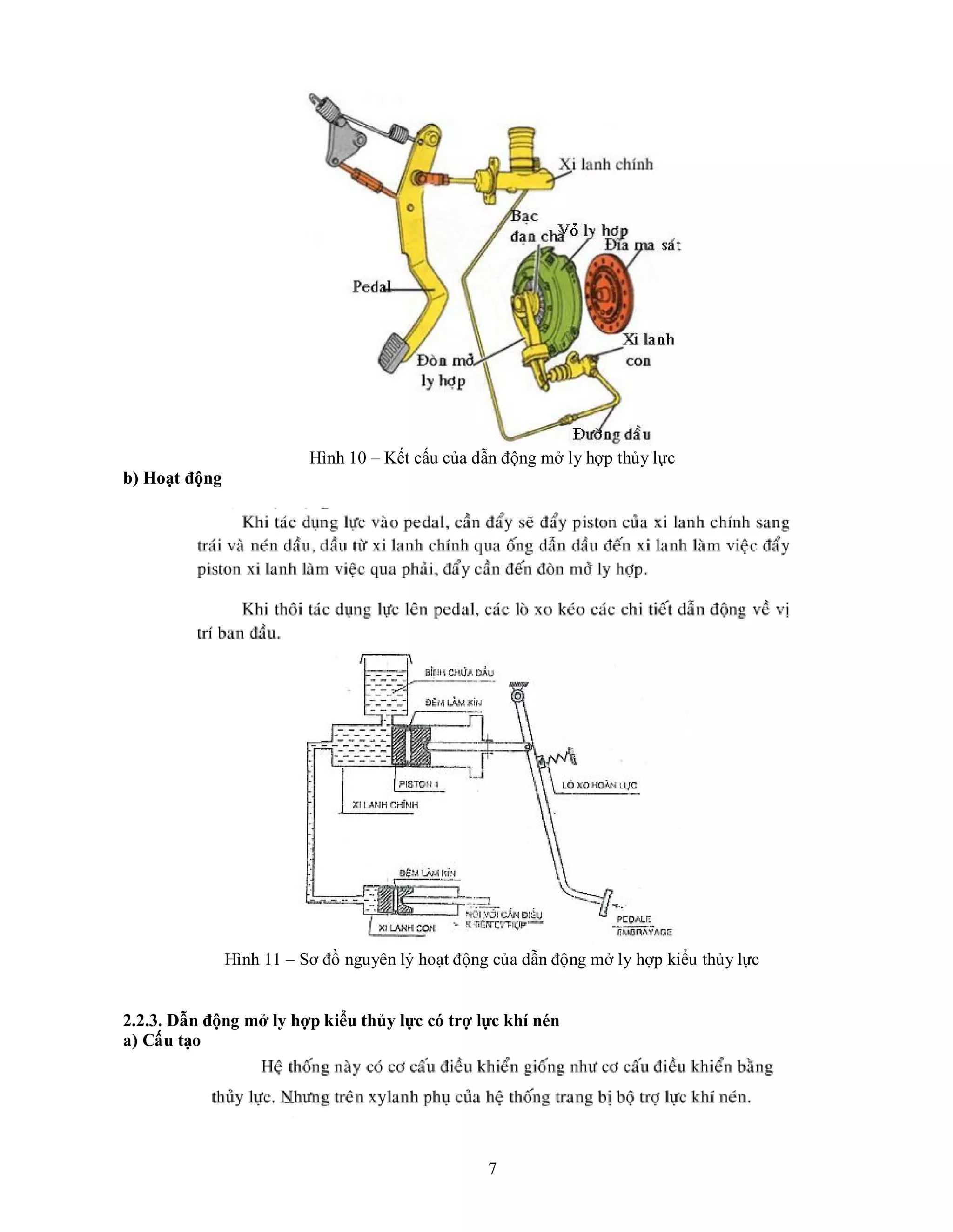 7
Hình 10 – Kết cấu của dẫn động mở ly hợp thủy lực
b) Hoạt động
Hình 11 – Sơ đồ nguyên lý hoạt động của dẫn động mở ly hợp kiểu thủy lực
2.2.3. Dẫn động mở ly hợp kiểu thủy lực có trợ lực khí nén
a) Cấu tạo
 