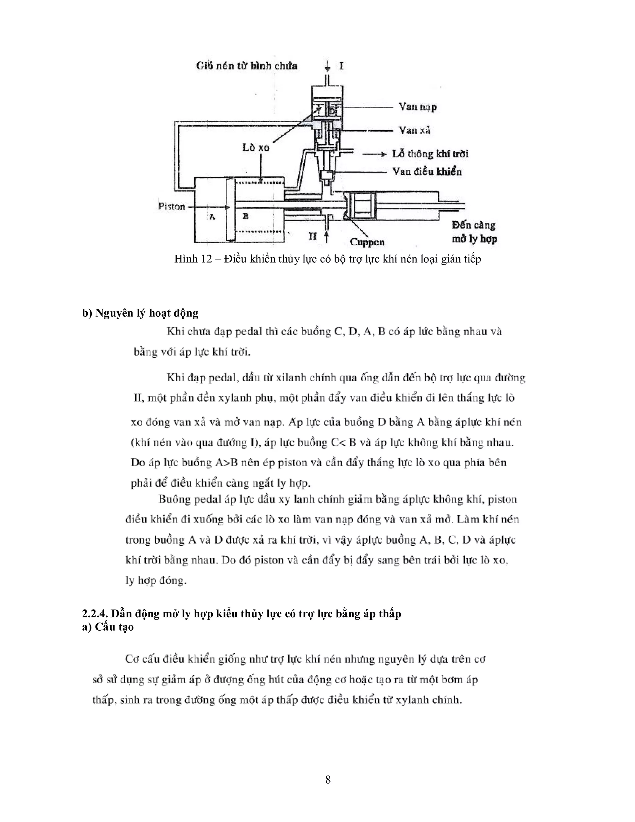 8
Hình 12 – Điều khiển thủy lực có bộ trợ lực khí nén loại gián tiếp
b) Nguyên lý hoạt động
2.2.4. Dẫn động mở ly hợp kiểu thủy lực có trợ lực bằng áp thấp
a) Cấu tạo
 