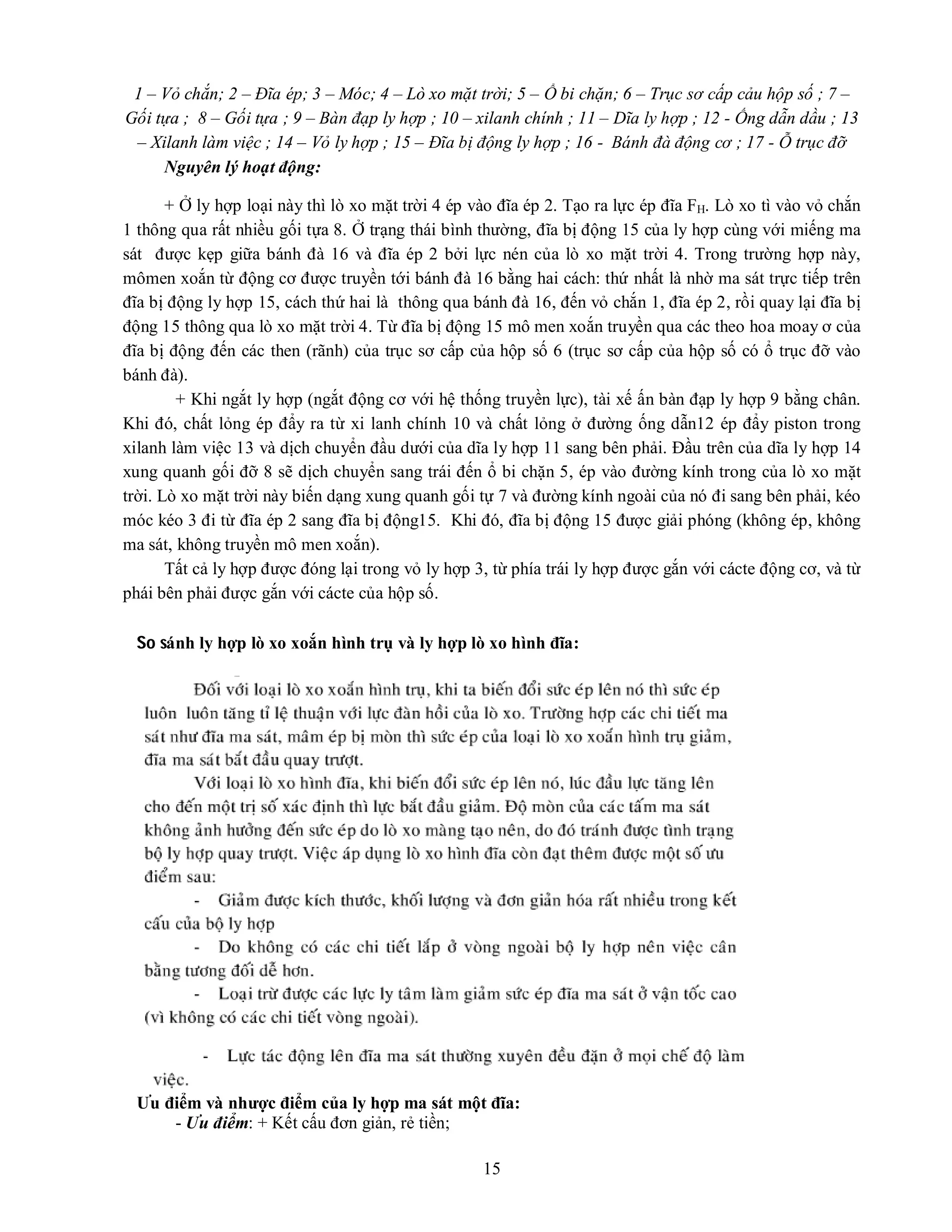 15
1 – Vỏ chắn; 2 – Đĩa ép; 3 – Móc; 4 – Lò xo mặt trời; 5 – Ổ bi chặn; 6 – Trục sơ cấp cảu hộp số ; 7 –
Gối tựa ; 8 – Gối tựa ; 9 – Bàn đạp ly hợp ; 10 – xilanh chính ; 11 – Dĩa ly hợp ; 12 - Ống dẫn dầu ; 13
– Xilanh làm việc ; 14 – Vỏ ly hợp ; 15 – Đĩa bị động ly hợp ; 16 - Bánh đà động cơ ; 17 - Ỗ trục đỡ
Nguyên lý hoạt động:
+ Ở ly hợp loại này thì lò xo mặt trời 4 ép vào đĩa ép 2. Tạo ra lực ép đĩa FH. Lò xo tì vào vỏ chắn
1 thông qua rất nhiều gối tựa 8. Ở trạng thái bình thường, đĩa bị động 15 của ly hợp cùng với miếng ma
sát được kẹp giữa bánh đà 16 và đĩa ép 2 bởi lực nén của lò xo mặt trời 4. Trong trường hợp này,
mômen xoắn từ động cơ được truyền tới bánh đà 16 bằng hai cách: thứ nhất là nhờ ma sát trực tiếp trên
đĩa bị động ly hợp 15, cách thứ hai là thông qua bánh đà 16, đến vỏ chắn 1, đĩa ép 2, rồi quay lại đĩa bị
động 15 thông qua lò xo mặt trời 4. Từ đĩa bị động 15 mô men xoắn truyền qua các theo hoa moay ơ của
đĩa bị động đến các then (rãnh) của trục sơ cấp của hộp số 6 (trục sơ cấp của hộp số có ổ trục đỡ vào
bánh đà).
+ Khi ngắt ly hợp (ngắt động cơ với hệ thống truyền lực), tài xế ấn bàn đạp ly hợp 9 bằng chân.
Khi đó, chất lỏng ép đẩy ra từ xi lanh chính 10 và chất lỏng ở đường ống dẫn12 ép đẩy piston trong
xilanh làm việc 13 và dịch chuyển đầu dưới của dĩa ly hợp 11 sang bên phải. Đầu trên của dĩa ly hợp 14
xung quanh gối đỡ 8 sẽ dịch chuyển sang trái đến ổ bi chặn 5, ép vào đường kính trong của lò xo mặt
trời. Lò xo mặt trời này biến dạng xung quanh gối tự 7 và đường kính ngoài của nó đi sang bên phải, kéo
móc kéo 3 đi từ đĩa ép 2 sang đĩa bị động15. Khi đó, đĩa bị động 15 được giải phóng (không ép, không
ma sát, không truyền mô men xoắn).
Tất cả ly hợp được đóng lại trong vỏ ly hợp 3, từ phía trái ly hợp được gắn với cácte động cơ, và từ
phái bên phải được gắn với cácte của hộp số.
So sánh ly hợp lò xo xoắn hình trụ và ly hợp lò xo hình đĩa:
Ưu điểm và nhược điểm của ly hợp ma sát một đĩa:
- Ưu điểm: + Kết cấu đơn giản, rẻ tiền;
 