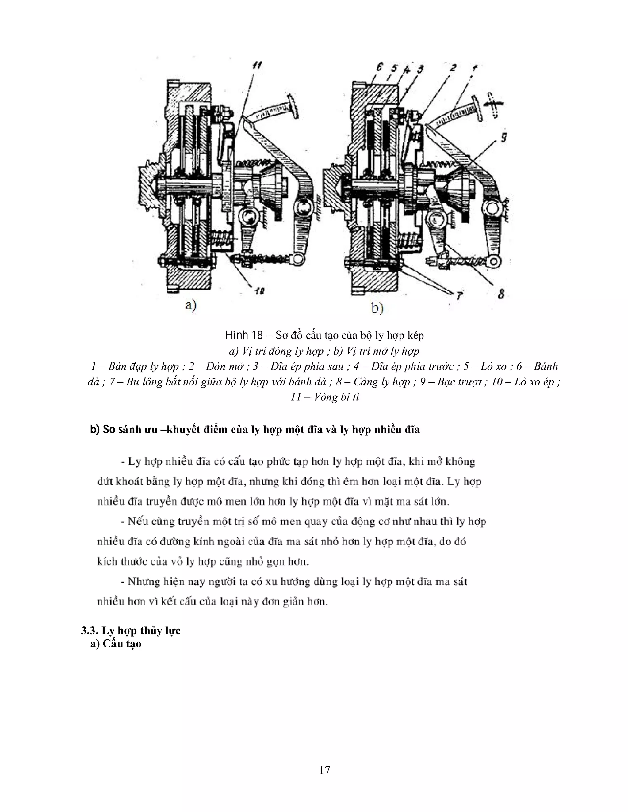 17
Hình 18 – Sơ đồ cấu tạo của bộ ly hợp kép
a) Vị trí đóng ly hợp ; b) Vị trí mở ly hợp
1 – Bàn đạp ly hợp ; 2 – Đòn mở ; 3 – Đĩa ép phía sau ; 4 – Đĩa ép phía trước ; 5 – Lò xo ; 6 – Bánh
đà ; 7 – Bu lông bắt nối giữa bộ ly hợp với bánh đà ; 8 – Càng ly hợp ; 9 – Bạc trượt ; 10 – Lò xo ép ;
11 – Vòng bi tì
b) So sánh ưu –khuyết điểm của ly hợp một đĩa và ly hợp nhiều đĩa
3.3. Ly hợp thủy lực
a) Cấu tạo
 