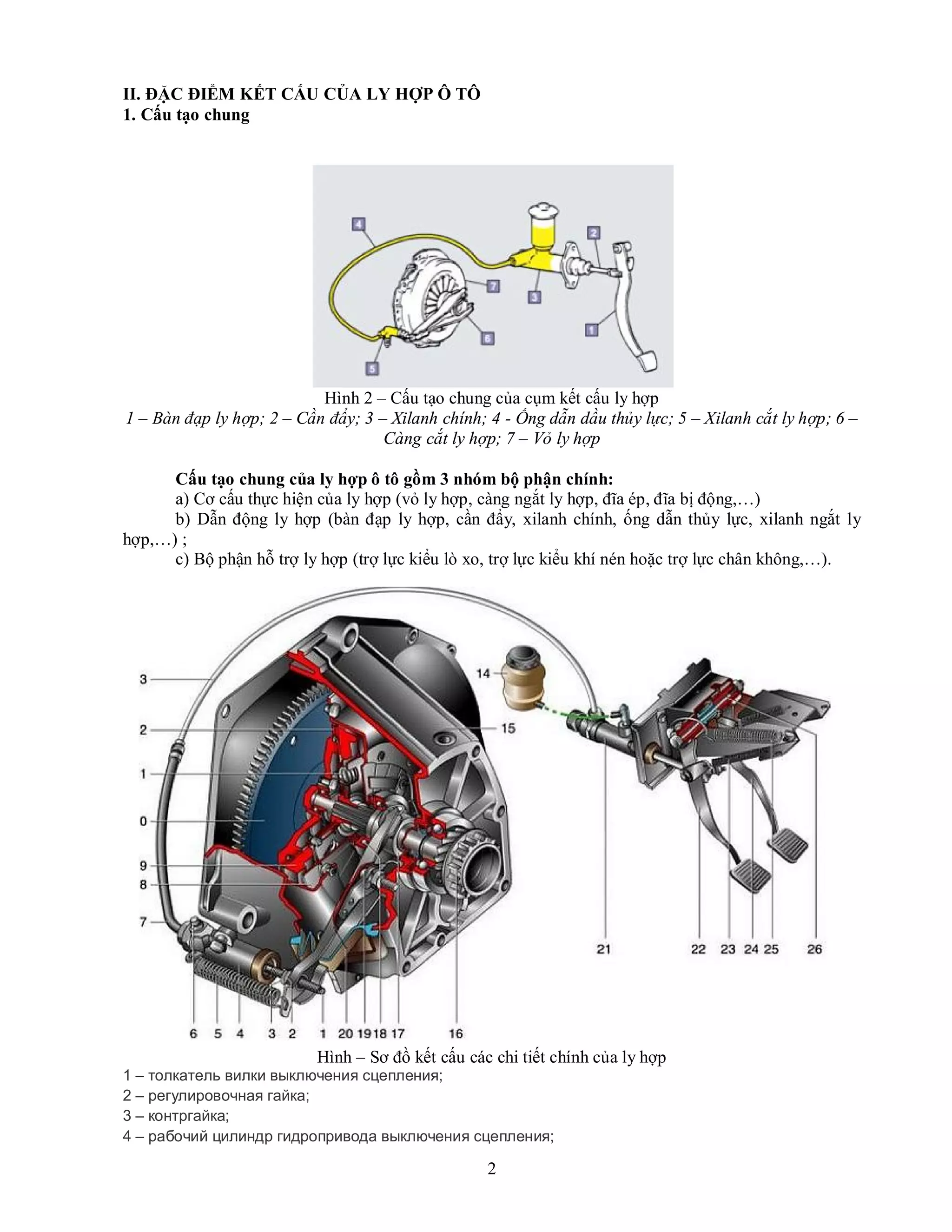 2
II. ĐẶC ĐIỂM KẾT CẤU CỦA LY HỢP Ô TÔ
1. Cấu tạo chung
Hình 2 – Cấu tạo chung của cụm kết cấu ly hợp
1 – Bàn đạp ly hợp; 2 – Cần đẩy; 3 – Xilanh chính; 4 - Ống dẫn dầu thủy lực; 5 – Xilanh cắt ly hợp; 6 –
Càng cắt ly hợp; 7 – Vỏ ly hợp
Cấu tạo chung của ly hợp ô tô gồm 3 nhóm bộ phận chính:
a) Cơ cấu thực hiện của ly hợp (vỏ ly hợp, càng ngắt ly hợp, đĩa ép, đĩa bị động,…)
b) Dẫn động ly hợp (bàn đạp ly hợp, cần đẩy, xilanh chính, ống dẫn thủy lực, xilanh ngắt ly
hợp,…) ;
c) Bộ phận hỗ trợ ly hợp (trợ lực kiểu lò xo, trợ lực kiểu khí nén hoặc trợ lực chân không,…).
Hình – Sơ đồ kết cấu các chi tiết chính của ly hợp
1 – толкатель вилки выключения сцепления;
2 – регулировочная гайка;
3 – контргайка;
4 – рабочий цилиндр гидропривода выключения сцепления;
 