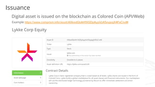 Issuance
Example
Digital asset is issued on the blockchain as Colored Coin (API/Web)
 