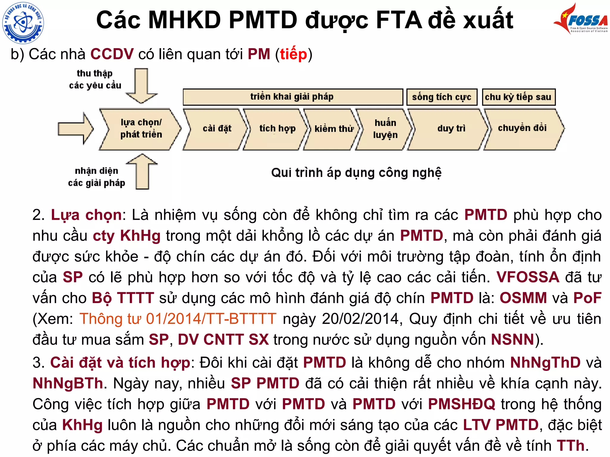 Các MHKD PMTD được FTA đề xuất
b) Các nhà CCDV có liên quan tới PM (tiếp)
2. Lựa chọn: Là nhiệm vụ sống còn để không chỉ tìm ra các PMTD phù hợp cho
nhu cầu cty KhHg trong một dải khổng lồ các dự án PMTD, mà còn phải đánh giá
được sức khỏe - độ chín các dự án đó. Đối với môi trường tập đoàn, tính ổn định
của SP có lẽ phù hợp hơn so với tốc độ và tỷ lệ cao các cải tiến. VFOSSA đã tư
vấn cho Bộ TTTT sử dụng các mô hình đánh giá độ chín PMTD là: OSMM và PoF
(Xem: Thông tư 01/2014/TT-BTTTT ngày 20/02/2014, Quy định chi tiết về ưu tiên
đầu tư mua sắm SP, DV CNTT SX trong nước sử dụng nguồn vốn NSNN).
3. Cài đặt và tích hợp: Đôi khi cài đặt PMTD là không dễ cho nhóm NhNgThD và
NhNgBTh. Ngày nay, nhiều SP PMTD đã có cải thiện rất nhiều về khía cạnh này.
Công việc tích hợp giữa PMTD với PMTD và PMTD với PMSHĐQ trong hệ thống
của KhHg luôn là nguồn cho những đổi mới sáng tạo của các LTV PMTD, đặc biệt
ở phía các máy chủ. Các chuẩn mở là sống còn để giải quyết vấn đề về tính TTh.
 