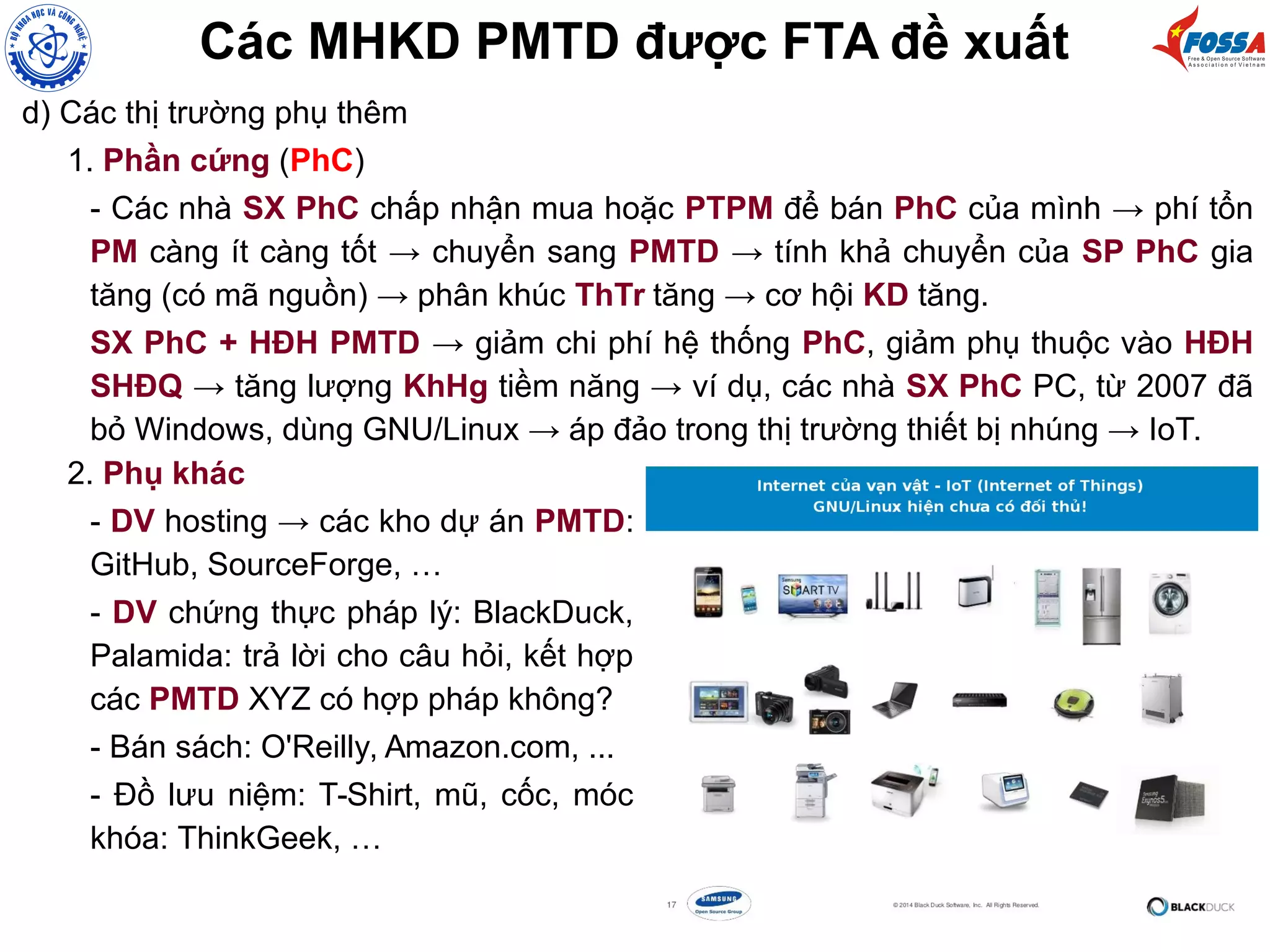 Các MHKD PMTD được FTA đề xuất
d) Các thị trường phụ thêm
1. Phần cứng (PhC)
- Các nhà SX PhC chấp nhận mua hoặc PTPM để bán PhC của mình → phí tổn
PM càng ít càng tốt → chuyển sang PMTD → tính khả chuyển của SP PhC gia
tăng (có mã nguồn) → phân khúc ThTr tăng → cơ hội KD tăng.
SX PhC + HĐH PMTD → giảm chi phí hệ thống PhC, giảm phụ thuộc vào HĐH
SHĐQ → tăng lượng KhHg tiềm năng → ví dụ, các nhà SX PhC PC, từ 2007 đã
bỏ Windows, dùng GNU/Linux → áp đảo trong thị trường thiết bị nhúng → IoT.
2. Phụ khác
- DV hosting → các kho dự án PMTD:
GitHub, SourceForge, …
- DV chứng thực pháp lý: BlackDuck,
Palamida: trả lời cho câu hỏi, kết hợp
các PMTD XYZ có hợp pháp không?
- Bán sách: O'Reilly, Amazon.com, ...
- Đồ lưu niệm: T-Shirt, mũ, cốc, móc
khóa: ThinkGeek, …
 