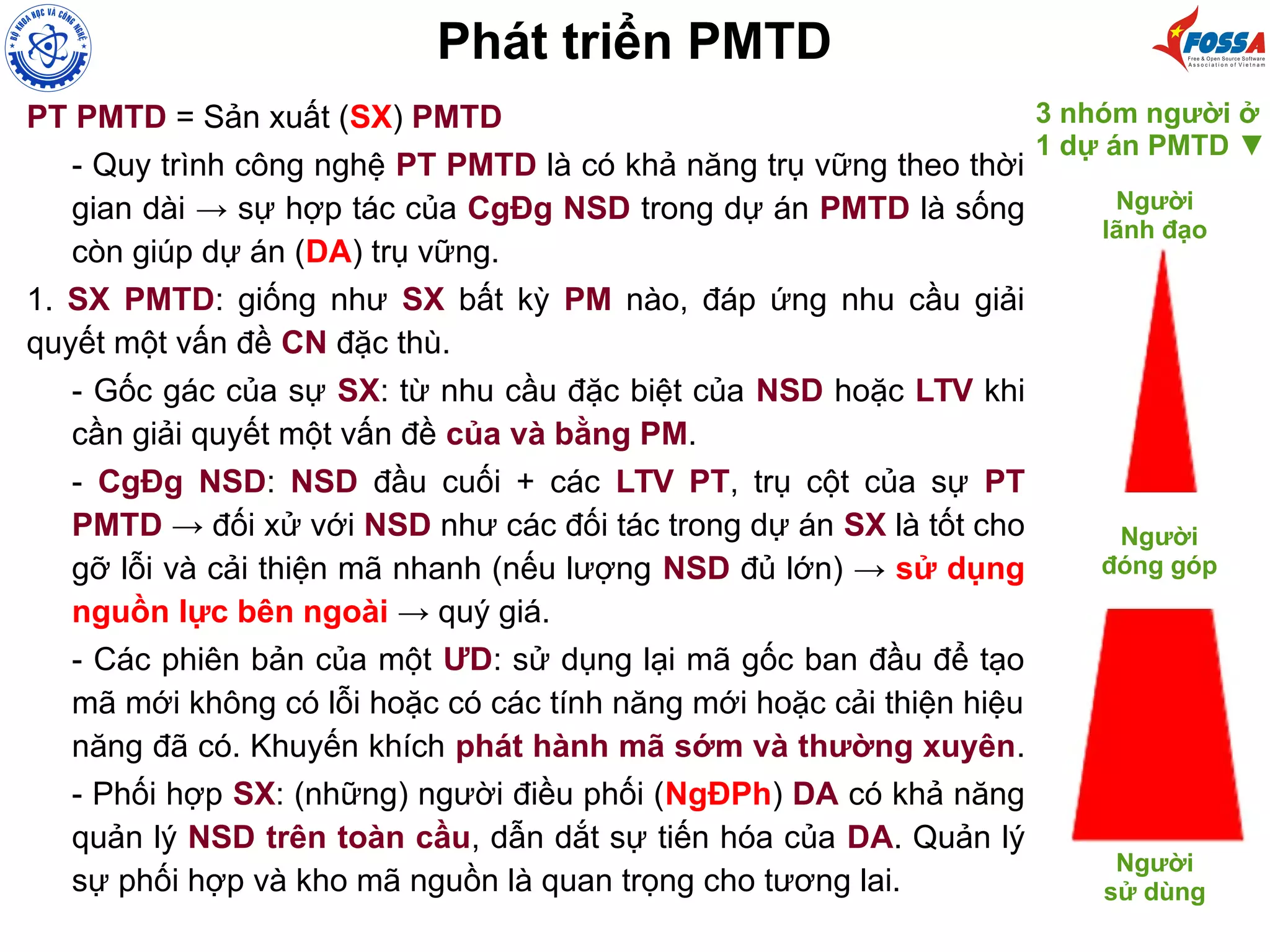 PT PMTD = Sản xuất (SX) PMTD
- Quy trình công nghệ PT PMTD là có khả năng trụ vững theo thời
gian dài → sự hợp tác của CgĐg NSD trong dự án PMTD là sống
còn giúp dự án (DA) trụ vững.
1. SX PMTD: giống như SX bất kỳ PM nào, đáp ứng nhu cầu giải
quyết một vấn đề CN đặc thù.
- Gốc gác của sự SX: từ nhu cầu đặc biệt của NSD hoặc LTV khi
cần giải quyết một vấn đề của và bằng PM.
- CgĐg NSD: NSD đầu cuối + các LTV PT, trụ cột của sự PT
PMTD → đối xử với NSD như các đối tác trong dự án SX là tốt cho
gỡ lỗi và cải thiện mã nhanh (nếu lượng NSD đủ lớn) → sử dụng
nguồn lực bên ngoài → quý giá.
- Các phiên bản của một ƯD: sử dụng lại mã gốc ban đầu để tạo
mã mới không có lỗi hoặc có các tính năng mới hoặc cải thiện hiệu
năng đã có. Khuyến khích phát hành mã sớm và thường xuyên.
- Phối hợp SX: (những) người điều phối (NgĐPh) DA có khả năng
quản lý NSD trên toàn cầu, dẫn dắt sự tiến hóa của DA. Quản lý
sự phối hợp và kho mã nguồn là quan trọng cho tương lai.
Phát triển PMTD
Người
sử dùng
Người
lãnh đạo
Người
đóng góp
3 nhóm người ở
1 dự án PMTD ▼
 