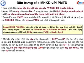 Đặc trưng các MHKD với PMTD
* Xuất phát điểm: nhu cầu thực tế của các cty PT PMSHĐQ truyền thống:
Là cần thiết để cty chào các DV bổ sung để đảm bảo (1) tính liên tục của doanh số
và (2) sự sống sót của doanh nghiệp trong thời buổi khó khăn.
* Bruce Perens: PMTD đưa ra nhiều triển vọng kinh tế tốt hơn (chi phí và rủi ro) so
với PMSHĐQ đối với các cty cần PTPM một cách không phân biệt.
* Module này chỉ ra cách các cty khác nhau quản lý SHTT các SP của họ, cũng sinh
ra các mô hình lai (pha trộn) trong một nỗ lực để điều hòa các ưu thế của các mô
hình tự do với sự sinh ra các lợi ích tài chính trực tiếp dựa vào SHTT. Trong trường
hợp này, sự lựa chọn của giấy phép (GPh) sẽ phần lớn xác định dãy các MHKD mà
một cty có thể triển khai.
 