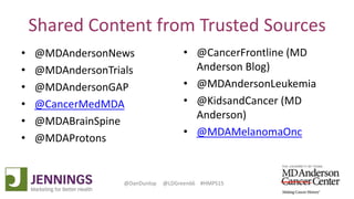 Lyle Green, MD Anderson Cancer Center
Dan Dunlop, Jennings
@DanDunlop @LDGreen66 #HMPS15
Shared Content from Trusted Sources
• @MDAndersonNews
• @MDAndersonTrials
• @MDAndersonGAP
• @CancerMedMDA
• @MDABrainSpine
• @MDAProtons
• @CancerFrontline (MD
Anderson Blog)
• @MDAndersonLeukemia
• @KidsandCancer (MD
Anderson)
• @MDAMelanomaOnc
 