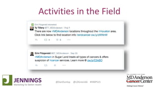 Lyle Green, MD Anderson Cancer Center
Dan Dunlop, Jennings
@DanDunlop @LDGreen66 #HMPS15
Activities in the Field
 