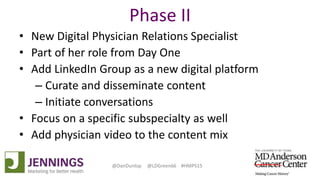 Lyle Green, MD Anderson Cancer Center
Dan Dunlop, Jennings
@DanDunlop @LDGreen66 #HMPS15
Phase II
• New Digital Physician Relations Specialist
• Part of her role from Day One
• Add LinkedIn Group as a new digital platform
– Curate and disseminate content
– Initiate conversations
• Focus on a specific subspecialty as well
• Add physician video to the content mix
 