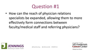 Lyle Green, MD Anderson Cancer Center
Dan Dunlop, Jennings
@DanDunlop @LDGreen66 #HMPS15
Question #1
• How can the reach of physician relations
specialists be expanded, allowing them to more
effectively form connections between
faculty/medical staff and referring physicians?
 