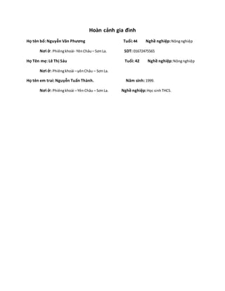 Hoàn cảnh gia đình
Họ tên bố: Nguyễn Văn Phương Tuổi:44 Nghề nghiệp:Nôngnghiệp
Nơi ở: Phiêngkhoài- YênChâu– SơnLa. SDT: 01672475565
Họ Tên mẹ: Lê Thị Sáu Tuổi: 42 Nghề nghiệp:Nôngnghiệp
Nơi ở: Phiêngkhoài –yênChâu – SơnLa.
Họ tên em trai: Nguyễn Tuấn Thành. Năm sinh: 1999.
Nơi ở: Phiêngkhoài –Yên Châu – SơnLa. Nghề nghiệp:Học sinhTHCS.
 