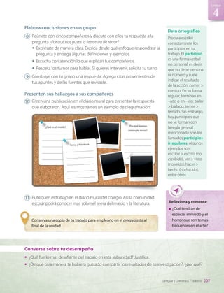 Elabora conclusiones en un grupo
8 	 Reúnete con cinco compañeros y discute con ellos tu respuesta a la
pregunta ¿Por qué nos gusta la literatura de terror?
•	 Exprésate de manera clara. Explica desde qué enfoque respondiste la
pregunta y entrega algunas definiciones y ejemplos.
•	 Escucha con atención lo que explican tus compañeros.
•	 Respeta los turnos para hablar. Si quieres intervenir, solicita tu turno.
9 	 Construye con tu grupo una respuesta. Agrega citas provenientes de
tus apuntes y de las fuentes que revisaste.
Presenten sus hallazgos a sus compañeros
10	 Creen una publicación en el diario mural para presentar la respuesta
que elaboraron. Aquí les mostramos un ejemplo de diagramación:
¿Qué es el miedo? ¿Por qué leemos
relatos de terror?
Terror y literatura
11	 Publiquen el trabajo en el diario mural del colegio. Así la comunidad
escolar podrá conocer más sobre el tema del miedo y la literatura.
Conversa sobre tu desempeño
•	 ¿Qué fue lo más desafiante del trabajo en esta subunidad? Justifica.
•	 ¿De qué otra manera te hubiera gustado compartir los resultados de tu investigación?, ¿por qué?
Conserva una copia de tu trabajo para emplearlo en el creepypasta al
final de la unidad.
Reflexiona y comenta:
	¿Qué tendrán de
especial el miedo y el
horror que son temas
frecuentes en el arte?
Procura escribir
correctamente los
participios en tu
trabajo. El participio
es una forma verbal
no personal, es decir,
que no tiene persona
ni número y suele
indicar el resultado
de la acción: comer >
comido. En su forma
regular, terminan en
–ado o en –ido: bailar
> bailado, temer >
temido. Sin embargo,
hay participios que
no se forman con
la regla general
mencionada: son los
llamados participios
irregulares. Algunos
ejemplos son:
escribir > escrito (no
escribído), ver > visto
(no veído), hacer >
hecho (no hacido),
entre otros.
Dato ortográfico
207
4
Unidad
Lengua y Literatura 7° básico
LENG_7B_Mineduc.indb 207 18/12/19 23:37
 