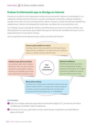 Actividades
1 	Aplica los consejos anteriores para evaluar la noticia de la página 210. ¿Se trata de una noticia
confiable, poco confiable o falsa? Fundamenta.
2 	Comenta con el curso: ¿qué harías si te das cuenta de que compartiste una noticia falsa en
alguna red social?
Evaluar la información que se divulga en internet
Internet es uno de los más importantes medios de comunicación masiva en la actualidad. En su
calidad de «medio» permite transmitir una gran cantidad de contenidos y alberga múltiples y
variados sitios web, como los pertenecientes a diarios, revistas y canales de televisión; plataformas
colaborativas, motores de búsqueda de contenidos, servidores de correo electrónico, etc.
Sin embargo, la gran cantidad de medios y de información que existe en la red es también una
dificultad para los cibernautas, pues deben distinguir la información confiable de la que no lo es,
especialmente en el caso de las noticias.
Lee las siguientes recomendaciones para evaluar las noticias de internet:
Conoce quién publica la noticia
Investiga sobre el sitio que publica la información para
saber qué tan confiable es. Consulta la sección «Quiénes
somos» o «Sobre nosotros» del sitio web.
Busca otras noticias
Consulta otros medios para comparar la información que
ofrecen sobre el hecho. Si ningún otro medio comparte
la noticia, entonces puede tratarse de una fake news.
Guíate por sitios reconocidos por su confiabilidad.
Evalúa lo que afirma el titular
Las noticias suelen tener titulares
llamativos. Pero si lo que se afirma
te parece cuestionable o dudoso,
entonces es probable que el resto
de la información también lo sea.
Revisa la evidencia
Identifica las fuentes que cita la
noticia: protagonistas, testigos,
expertos, documentos, etc. La falta
de fuentes confiables es señal de
que una noticia es poco veraz.
Leer
noticias
críticamente
214
Sin temor a analizar noticias
Subunidad 3
Unidad 4: ¿Qué nos atrae del miedo?
LENG_7B_Mineduc.indb 214 18/12/19 23:37
 