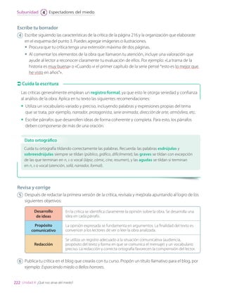Escribe tu borrador
4 	 Escribe siguiendo las características de la crítica de la página 216 y la organización que elaboraste
en el esquema del punto 3. Puedes agregar imágenes o ilustraciones.
•	 Procura que tu crítica tenga una extensión máxima de dos páginas.
•	 Al comentar los elementos de la obra que llamaron tu atención, incluye una valoración que
ayude al lector a reconocer claramente tu evaluación de ellos. Por ejemplo: «La trama de la
historia es muy buena» o «Cuando vi el primer capítulo de la serie pensé “esto es lo mejor que
he visto en años”».
Revisa y corrige
5 	 Después de redactar la primera versión de la crítica, revísala y mejórala apuntando al logro de los
siguientes objetivos:
Desarrollo
de ideas
En la crítica se identifica claramente la opinión sobre la obra. Se desarrolla una
idea en cada párrafo.
Propósito
comunicativo
La opinión expresada se fundamenta en argumentos. La finalidad del texto es
convencer a los lectores de ver o leer la obra analizada.
Redacción
Se utiliza un registro adecuado a la situación comunicativa (audiencia,
propósito del texto y forma en que se comunica el mensaje) y un vocabulario
preciso. La redacción y correcta ortografía favorecen la comprensión del lector.
6 	 Publica tu crítica en el blog que crearás con tu curso. Propón un título llamativo para el blog, por
ejemplo: Esparciendo miedo o Bellos horrores.
Las críticas generalmente emplean un registro formal, ya que esto le otorga seriedad y confianza
al análisis de la obra. Aplica en tu texto las siguientes recomendaciones:
•	 Utiliza un vocabulario variado y preciso, incluyendo palabras y expresiones propias del tema
que se trata, por ejemplo, narrador, protagonista, serie animada, dirección de arte, atmósfera, etc.
•	 Escribe párrafos que desarrollen ideas de forma coherente y completa. Para esto, los párrafos
deben componerse de más de una oración.
Cuida tu ortografía tildando correctamente las palabras. Recuerda: las palabras esdrújulas y
sobreesdrújulas siempre se tildan (público, gráfico, difícilmente); las graves se tildan con excepción
de las que terminan en n, s o vocal (lápiz, cómic, cine, resumen), y las agudas se tildan si terminan
en n, s o vocal (atención, sofá, narrador, formal).
Cuida la escritura
Dato ortográfico
222
Espectadores del miedo
Subunidad 4
Unidad 4: ¿Qué nos atrae del miedo?
LENG_7B_Mineduc.indb 222 18/12/19 23:37
 