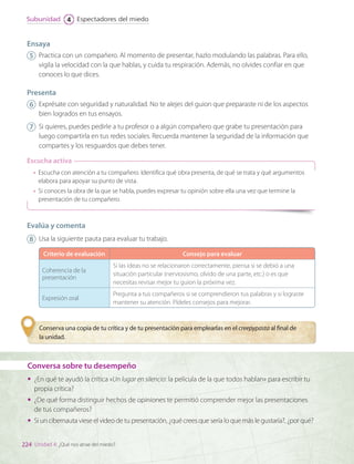 Conversa sobre tu desempeño
•	 ¿En qué te ayudó la crítica «Un lugar en silencio: la película de la que todos hablan» para escribir tu
propia crítica?
•	 ¿De qué forma distinguir hechos de opiniones te permitió comprender mejor las presentaciones
de tus compañeros?
•	 Si un cibernauta viese el video de tu presentación, ¿qué crees que sería lo que más le gustaría?, ¿por qué?
Ensaya
5 	 Practica con un compañero. Al momento de presentar, hazlo modulando las palabras. Para ello,
vigila la velocidad con la que hablas, y cuida tu respiración. Además, no olvides confiar en que
conoces lo que dices.
Presenta
6 	 Exprésate con seguridad y naturalidad. No te alejes del guion que preparaste ni de los aspectos
bien logrados en tus ensayos.
7 	 Si quieres, puedes pedirle a tu profesor o a algún compañero que grabe tu presentación para
luego compartirla en tus redes sociales. Recuerda mantener la seguridad de la información que
compartes y los resguardos que debes tener.
•	 Escucha con atención a tu compañero. Identifica qué obra presenta, de qué se trata y qué argumentos
elabora para apoyar su punto de vista.
•	 Si conoces la obra de la que se habla, puedes expresar tu opinión sobre ella una vez que termine la
presentación de tu compañero.
Escucha activa
Evalúa y comenta
8 	 Usa la siguiente pauta para evaluar tu trabajo.
Criterio de evaluación Consejo para evaluar
Coherencia de la
presentación
Si las ideas no se relacionaron correctamente, piensa si se debió a una
situación particular (nerviosismo, olvido de una parte, etc.) o es que
necesitas revisar mejor tu guion la próxima vez.
Expresión oral
Pregunta a tus compañeros si se comprendieron tus palabras y si lograste
mantener su atención. Pídeles consejos para mejorar.
Conserva una copia de tu crítica y de tu presentación para emplearlas en el creepypasta al final de
la unidad.
224
Espectadores del miedo
Subunidad 4
Unidad 4: ¿Qué nos atrae del miedo?
LENG_7B_Mineduc.indb 224 18/12/19 23:37
 