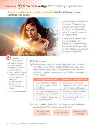 Observa el
fragmento de la
película Mujer Maravilla
(2017) en el siguiente
enlace y luego reflexiona:
https://bit.ly/2CeWcoJ
•	 ¿Qué características de la
Mujer Maravilla puedes
reconocer a partir del
fragmento?
•	 ¿En qué se parece o
distingue de otros
héroes o heroínas que
conoces?
Aprenderás a delimitar un tema de investigación para decidir los aspectos que
abordarás en tu estudio.
¿Qué te imaginas cuando piensas
en un héroe? Probablemente
visualizas a un personaje con
características extraordinarias
que se distingue del común de
los seres humanos.
Los héroes han representado
distintos rasgos y valores
humanos a lo largo del tiempo.
Te invitamos a investigar sobre
un héroe clásico y un superhéroe
actual para compararlos.
Delimita el tema
1 	 Para realizar una investigación, es necesario delimitar el tema con
el fin de que tengas claro el objetivo de tu trabajo. En este caso,
compararás un héroe clásico y un superhéroe actual. Comienza
eligiendo a los personajes que investigarás. Aquí te recomendamos
cómo empezar:
Para elegir al héroe clásico Para elegir al superhéroe actual
•	Revisa el libro Dioses y héroes
de la mitología griega, de Ana
María Shua.
•	Consulta algunos cómics de
superhéroes como Batman, Mujer
Maravilla, Capitán América, etc.
•	Lee el poema «Caupolicán», en
la obra Azul… de Rubén Darío.
•	Visita la web de Universo Marvel
www.universomarvel.com
•	Lee «La balada de Mulan» que
te facilitará tu profesor.
•	Consulta el sitio de ComicZine:
www.comiczine.es
2 	 Considerando al héroe y al superhéroe que escogiste, selecciona
uno de los siguientes criterios para compararlos:
Características del
personaje
Hazañas que realiza
Cómo vence a sus
enemigos
Subunidad
28 Unidad 1: ¿Qué necesitamos para lograr nuestros objetivos?
2 Tema de investigación: héroes y superhéroes
LENG_7B_Mineduc.indb 28 18/12/19 23:32
 