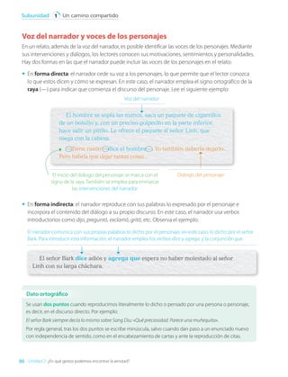 Voz del narrador y voces de los personajes
En un relato, además de la voz del narrador, es posible identificar las voces de los personajes. Mediante
sus intervenciones y diálogos, los lectores conocen sus motivaciones, sentimientos y personalidades.
Hay dos formas en las que el narrador puede incluir las voces de los personajes en el relato:
•	 En forma directa: el narrador cede su voz a los personajes, lo que permite que el lector conozca
lo que estos dicen y cómo se expresan. En este caso, el narrador emplea el signo ortográfico de la
raya (—) para indicar que comienza el discurso del personaje. Lee el siguiente ejemplo:
El inicio del diálogo del personaje se marca con el
signo de la raya. También se emplea para enmarcar
las intervenciones del narrador.
Diálogo del personaje
El hombre se sopla las manos, saca un paquete de cigarrillos
de un bolsillo y, con un preciso golpecito en la parte inferior,
hace salir un pitillo. Le ofrece el paquete al señor Linh, que
niega con la cabeza.
—Tiene razón —dice el hombre—. Yo también debería dejarlo.
Pero habría que dejar tantas cosas…
Voz del narrador
•	 En forma indirecta: el narrador reproduce con sus palabras lo expresado por el personaje e
incorpora el contenido del diálogo a su propio discurso. En este caso, el narrador usa verbos
introductorios como dijo, preguntó, exclamó, gritó, etc. Observa el ejemplo:
El señor Bark dice adiós y agrega que espera no haber molestado al señor
Linh con su larga cháchara.
El narrador comunica con sus propias palabras lo dicho por el personaje; en este caso, lo dicho por el señor
Bark. Para introducir esta información, el narrador emplea los verbos dice y agrega, y la conjunción que.
Se usan dos puntos cuando reproducimos literalmente lo dicho o pensado por una persona o personaje,
es decir, en el discurso directo. Por ejemplo:
El señor Bark siempre decía lo mismo sobre Sang Diu: «Qué preciosidad. Parece una muñequita».
Por regla general, tras los dos puntos se escribe minúscula, salvo cuando dan paso a un enunciado nuevo
con independencia de sentido, como en el encabezamiento de cartas y ante la reproducción de citas.
Dato ortográfico
86
Un camino compartido
Subunidad 1
Unidad 2: ¿En qué gestos podemos encontrar la amistad?
LENG_7B_Mineduc.indb 86 18/12/19 23:33
 