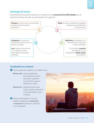 Vocabulario en contexto
1 	Lee las siguientes palabras y sus definiciones.
Melancolía:	 tristeza profunda y
permanente que hace
que quien la padece
no encuentre gusto ni
diversión en nada.
Esperanza:	 estado de ánimo que
surge cuando se presenta
como alcanzable lo que
se desea.
2 	Observa la fotografía. ¿Con qué
palabra la relacionas: melancolía
o esperanza? Explícale tu elección
a un compañero.
Estrategia de lectura
Para disfrutar de los poemas que leas, es importante que reconozcas las dificultades que te
presenta la lectura. Para ello, te recomendamos lo siguiente:
Relaciona esas palabras con
otros términos o ideas que
sí hayas entendido.
Interpreta los versos que
destacaste en relación con el
poema completo.
Destaca los versos que no comprendas
durante tu primera lectura
del poema.
Si no puedes, comenta
las palabras con un
compañero o pídele ayuda
a tu profesor.
Lee el poema nuevamente
y, si es preciso, vuelve
sobre alguno de los pasos
anteriores.
Relee los versos e identifica las palabras
o expresiones que dificultan
tu comprensión.
1
4
2
3
93
2
Unidad
Lengua y Literatura 7° básico
LENG_7B_Mineduc.indb 93 18/12/19 23:34
 