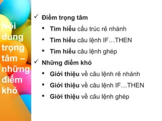 I II III IV
Nội
dung
trọng
tâm –
những
điểm
khó
 Điểm trọng tâm
 Tìm hiểu cấu trúc rẻ nhánh
 Tìm hiểu câu lệnh IF…THEN
 Tìm hiểu câu lệnh ghép
 Những điểm khó
 Giới thiệu về câu lệnh rẽ nhánh
 Giới thiệu về câu lệnh IF…THEN
 Giới thiệu về câu lệnh ghép
 