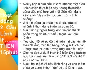 I II III IV
Hoạt
động
2: Câu
Lệnh
IF…....
THEN
15phút
• Nêu ý nghĩa của cấu trúc rẽ nhánh: một điều
khiển chọn thực hiện hay không thực hiện
công việc phù hợp với một điều kiện đang
xảy ra => “dạy máy học cách xử lý tình
huống”.
• Ghi lên bảng cú pháp mô tả cấu trúc rẽ
nhánh if-then dạng thiếu và dạng đủ.
• Giải thích ý nghĩa từng lệnh và các thành
phần trong đó như: <điều kiện> và <câu
lệnh>
• Yêu cầu HS vẽ sơ đồ thể hiện hai câu lệnh if-
then “thiếu”, “đủ” lên bảng. GV giải thích các
luồng thực thi lệnh tương ứng với điều kiện
• Cho hs đọc ví dụ if-then thể hiện từng trường
hợp bằng mã lệnh Pascal.(VD1,2,3 – SGK Tr
40), GV giải thích.
• Nêu khái niệm về câu lệnh rỗng và cho thêm
ví dụ về dạng if-then “đủ” có thể lồng nhau.
 