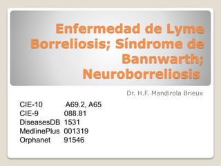 Enfermedad de Lyme
Borreliosis; Síndrome de
Bannwarth;
Neuroborreliosis
Dr. H.F. Mandirola Brieux
CIE-10 A69.2, A65
CIE-9 088.81
DiseasesDB 1531
MedlinePlus 001319
Orphanet 91546
 