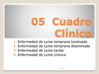 05 Cuadro
Clínico
1. Enfermedad de Lyme temprana localizada
2. Enfermedad de Lyme temprana diseminada
3. Enfermedad de Lyme tardía
4. Enfermedad de Lyme crónica
15/07/2017 15
 