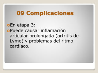09 Complicaciones
En etapa 3:
Puede causar inflamación
articular prolongada (artritis de
Lyme) y problemas del ritmo
cardíaco.
 
