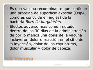 10 Vacuna
 Es una vacuna recombinante que contiene
una proteína de superficie externa (OspA,
como es conocida en inglés) de la
bacteria Borrelia burgdorferi.
 Efectos adverso mas común notado
dentro de los 30 días de la administración
de por lo menos una dosis de la vacuna
incluyeron dolor o reacción en el sitio de
la inyección, dolor de las coyunturas,
dolor muscular y dolor de cabeza.
16/07/2017 45
 