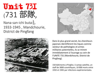 Dans le plus grand secret, les chercheurs
japonais identifièrent les tiques comme
vecteur de pathologies et armes
militaires potentielles, ils se mirent
immédiatement à l’ouvrage au sein de
l’UNITE 731 (Mandchourie, District de
Pingfang).
(731 部隊,
Nana-san-ichi butai),
1933-1945 , Mandchourie,
District de Pingfang
150 bâtiments à Pingfan, 5 camps satellite, un
staff de 3000 scientifiques, 10 000 morts entre
1932 et 1945 par infections expériementales.
 