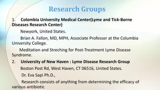1. Colombia University Medical Center(Lyme and Tick-Borne
Diseases Research Center)
Newyork, United States.
Brian A. Fallon, MD, MPH, Associate Professor at the Columbia
University College.
Meditation and Streching for Post-Treatment Lyme Disease
Syndrome.
2. University of New Haven : Lyme Disease Research Group
Boston Post Rd, West Haven, CT 06516, United States.
Dr. Eva Sapi Ph.D.,
Research consists of anything from determining the efficacy of
various antibiotic
Research Groups
 