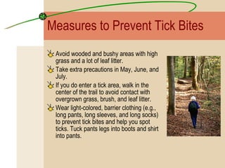 Measures to Prevent Tick Bites Avoid wooded and bushy areas with high grass and a lot of leaf litter. Take extra precautions in May, June, and July. If you do enter a tick area, walk in the center of the trail to avoid contact with overgrown grass, brush, and leaf litter. Wear light-colored, barrier clothing (e.g., long pants, long sleeves, and long socks) to prevent tick bites and help you spot ticks. Tuck pants legs into boots and shirt into pants. 