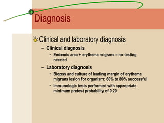 Diagnosis Clinical and laboratory diagnosis Clinical diagnosis Endemic area + erythema migrans = no testing needed Laboratory diagnosis Biopsy and culture of leading margin of erythema migrans lesion for organism; 60% to 80% successful Immunologic tests performed with appropriate minimum pretest probability of 0.20 