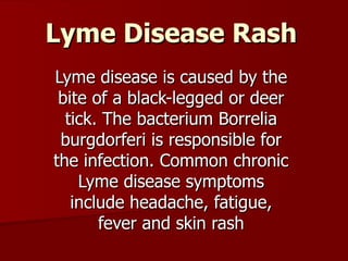 Lyme Disease Rash Lyme disease is caused by the bite of a black-legged or deer tick. The bacterium Borrelia burgdorferi is responsible for the infection. Common chronic Lyme disease symptoms include headache, fatigue, fever and skin rash 
