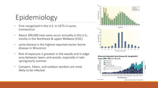 Epidemiology
• First recognized in the U.S. in 1975 in Lyme,
Connecticut
• About 300,000 new cases occur annually in the U.S.,
mostly in the Northeast & upper Midwest (CDC)
• Lyme disease is the highest reported vector-borne
disease in Wisconsin
• Risk of exposure is greatest in the woods and in edge
area between lawns and woods, especially in late
spring/early summer
• Campers, hikers, and outdoor workers are most
likely to be infected
 