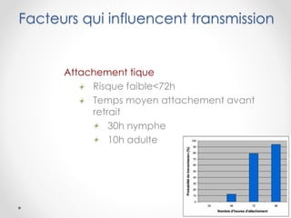 Facteurs qui influencent transmission
Attachement tique
Risque faible<72h
Temps moyen attachement avant
retrait
30h nymphe
10h adulte
 