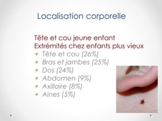 Localisation corporelle
Tête et cou jeune enfant
Extrémités chez enfants plus vieux
Tête et cou (26%)
Bras et jambes (25%)
Dos (24%)
Abdomen (9%)
Axillaire (8%)
Aines (5%)
 