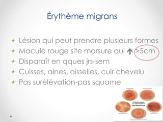 Érythème migrans
Lésion qui peut prendre plusieurs formes
Macule rouge site morsure qui  >5cm
Disparaît en qques jrs-sem
Cuisses, aines, aisselles, cuir chevelu
Pas surélévation-pas squame
 