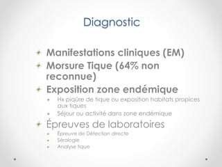 Diagnostic
Manifestations cliniques (EM)
Morsure Tique (64% non
reconnue)
Exposition zone endémique
Hx piqûre de tique ou exposition habitats propices
aux tiques
Séjour ou activité dans zone endémique
Épreuves de laboratoires
Épreuve de Détection directe
Sérologie
Analyse tique
 